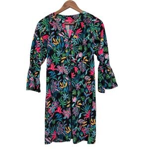 LILLY PULITZER Norris Dress XS Paradise Glow Onyx Print Cotton V-Neck 3/4 sleeve